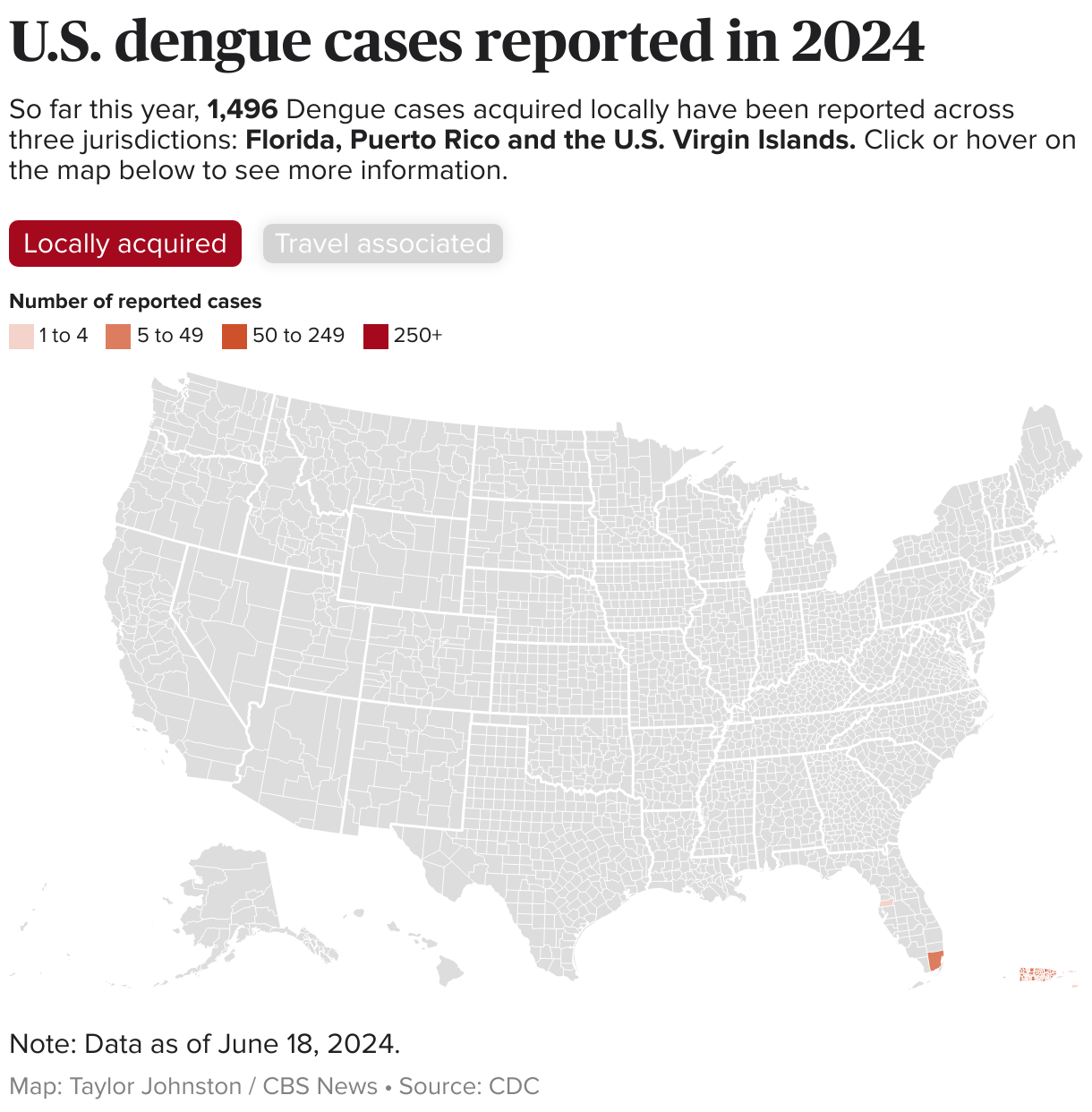 U.S. map showing wher<em></em>e Dengue cases were locally acquired so far in 2024.
