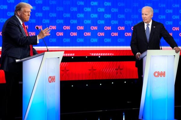 Trump and Biden spar on the debate stage at CNN Studios.